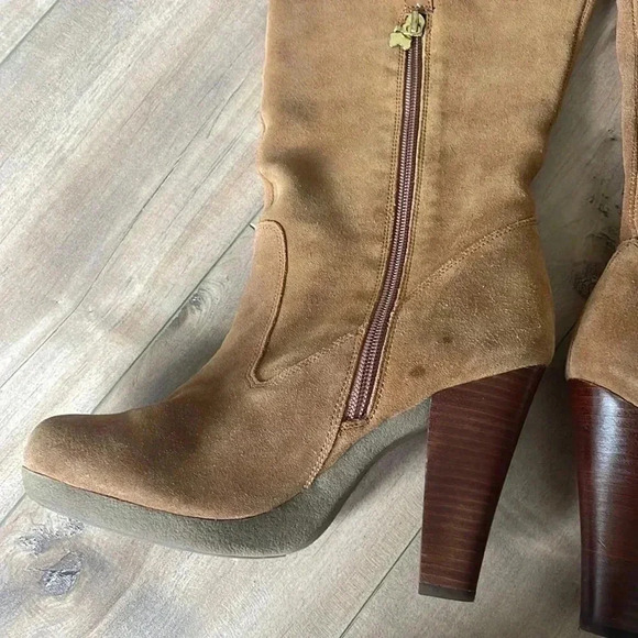 HSN Curations Caramel Tan Leather Suede Heeled Boots Sz 8 - Picture 6 of 6